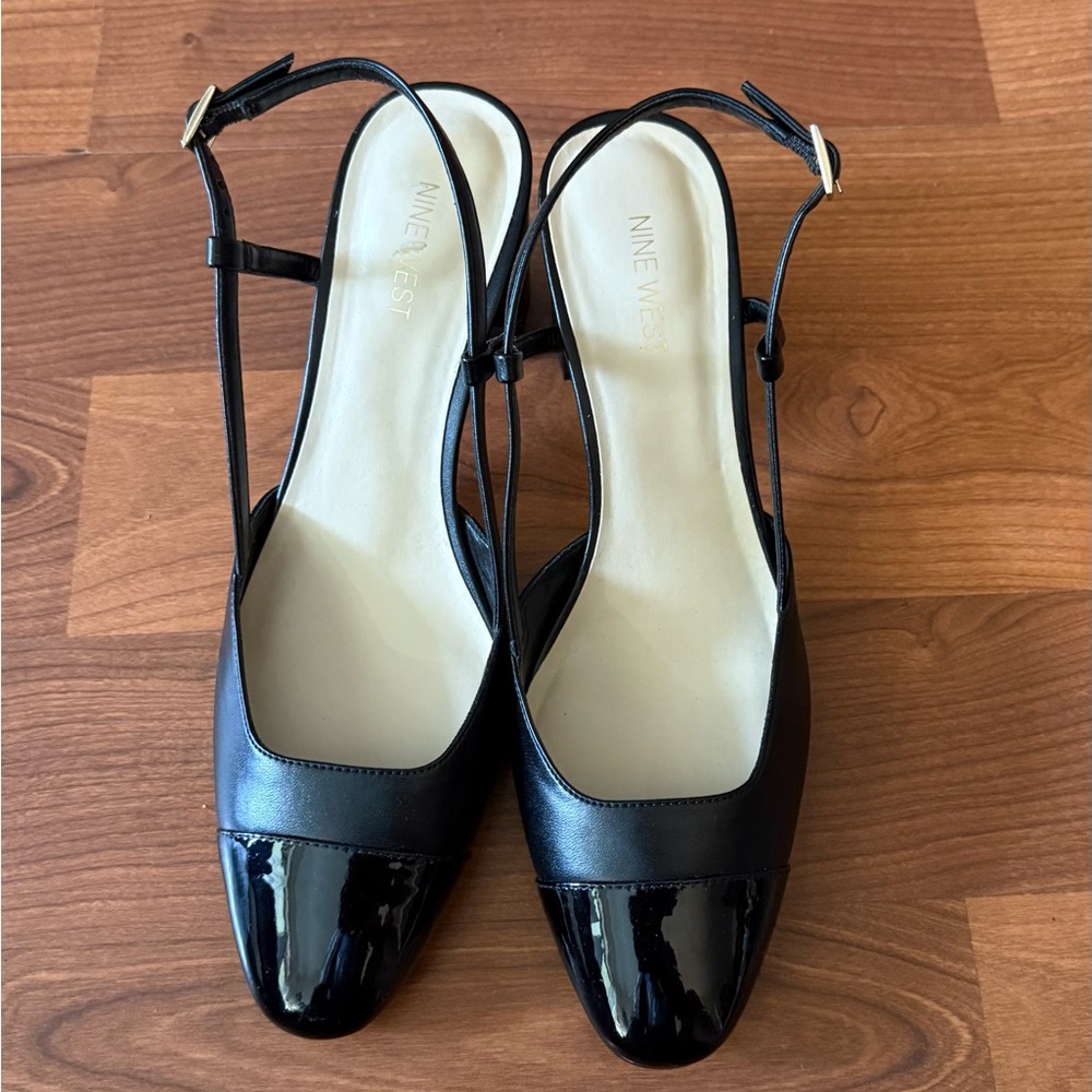 Nine West Black Slingback Heels with Patent Toe